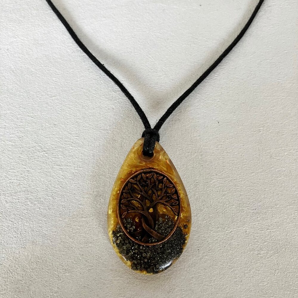 Tree Pendant Brown Cord Necklace Gold Copper Charcoal Tear Drop Vintage Resin?